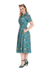 KEEP EM FLYING BUTTON SWING DRESS-Teal