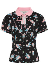 MARILOU SWALLOWS CONTRAST COLLAR BLOUSE Black