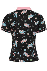 MARILOU SWALLOWS CONTRAST COLLAR BLOUSE Black