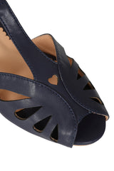 BANNED Retro Secret Love Dapper Sandals Vintage T-Bar Flats With Cut-Out Hearts In Vegan Faux Leather-Navy