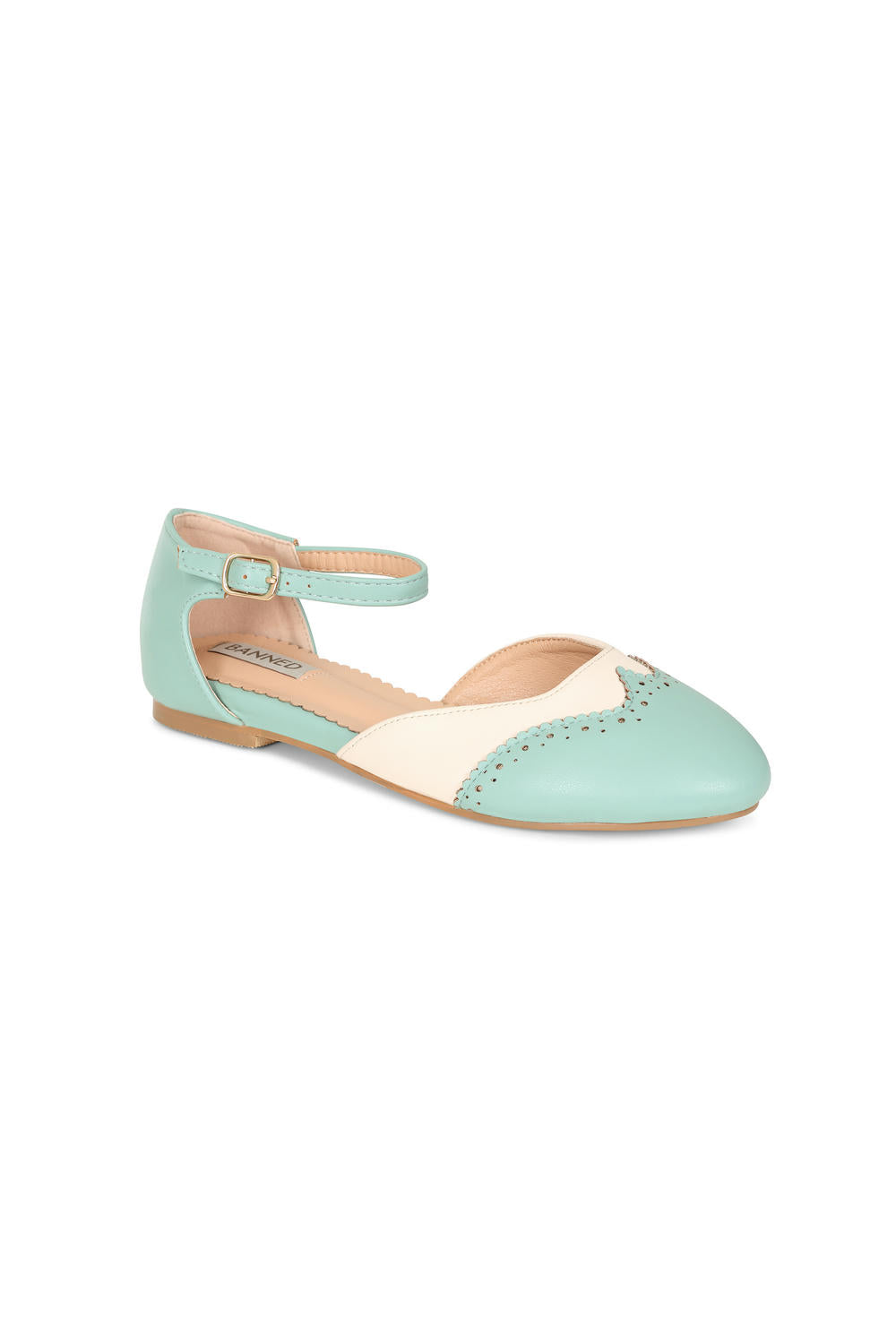 BANNED Retro Dapper Dancemates Flats Retro Two-Tone Brogue Sandals With Hidden Wedge & Ankle Strap-Mint