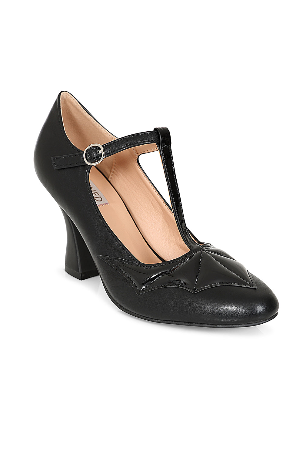 Elvira T-Strap banned Heels - 1950's Inspired Batwing Pump with Shimmering Faux Leather