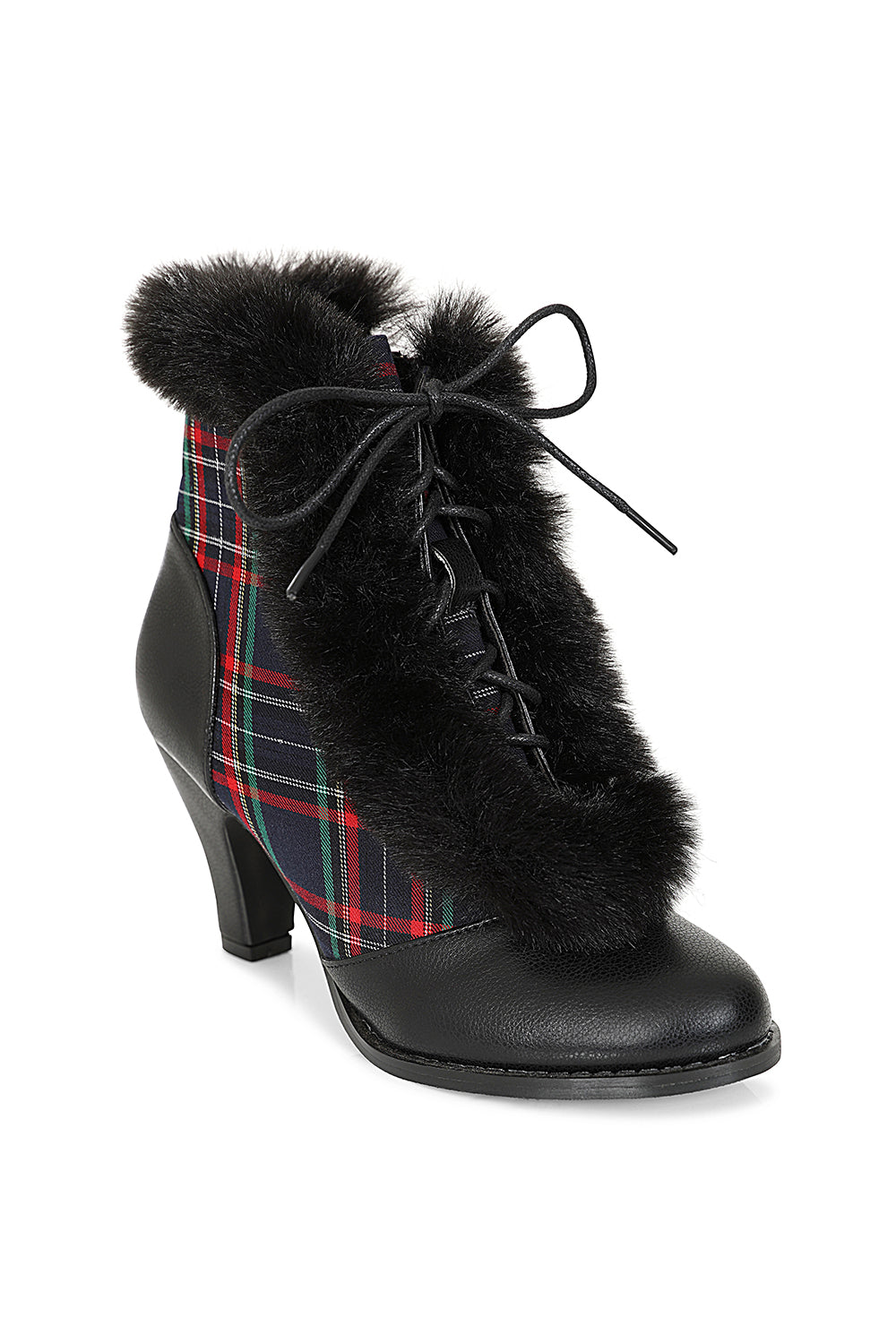 Chic Charlotte Banned Booties - Retro-Inspired Tartan & Fur Booties with Faux Leather Upper
