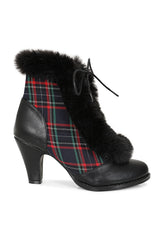 Chic Charlotte Banned Booties - Retro-Inspired Tartan & Fur Booties with Faux Leather Upper