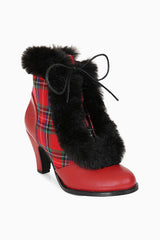 Chic Charlotte Banned Booties - Retro-Inspired Tartan & Fur Booties with Faux Leather Upper