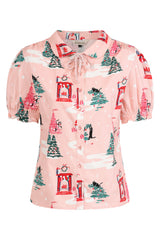 Banned Lilly Purrfect Christmas Blouse - 50s Style Cat Print Peter Pan Collar Top