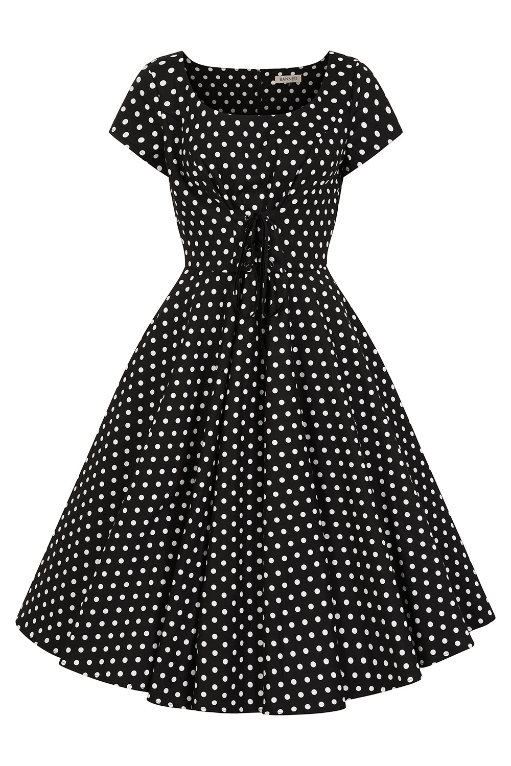 BANNED RETRO Lola Polka Dots Swing Black Dress with Pockets.