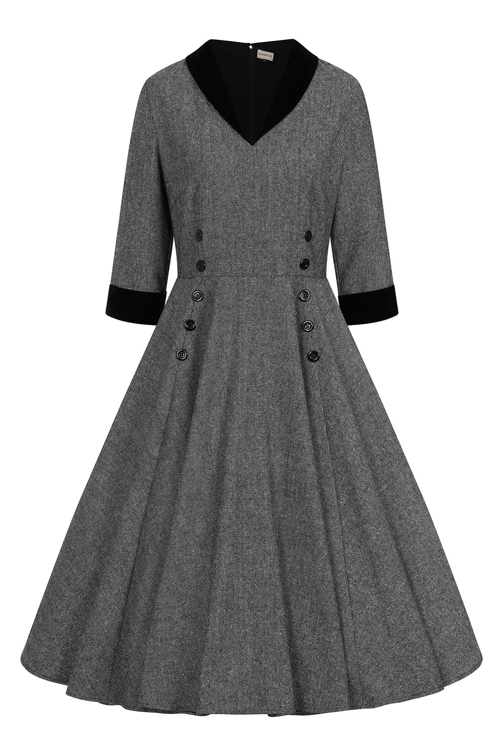Banned Sylvia Herringbone Secretary Dress - Vintage 50s Style Contrast Collar Swing Dress