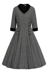 Banned Sylvia Herringbone Secretary Dress - Vintage 50s Style Contrast Collar Swing Dress