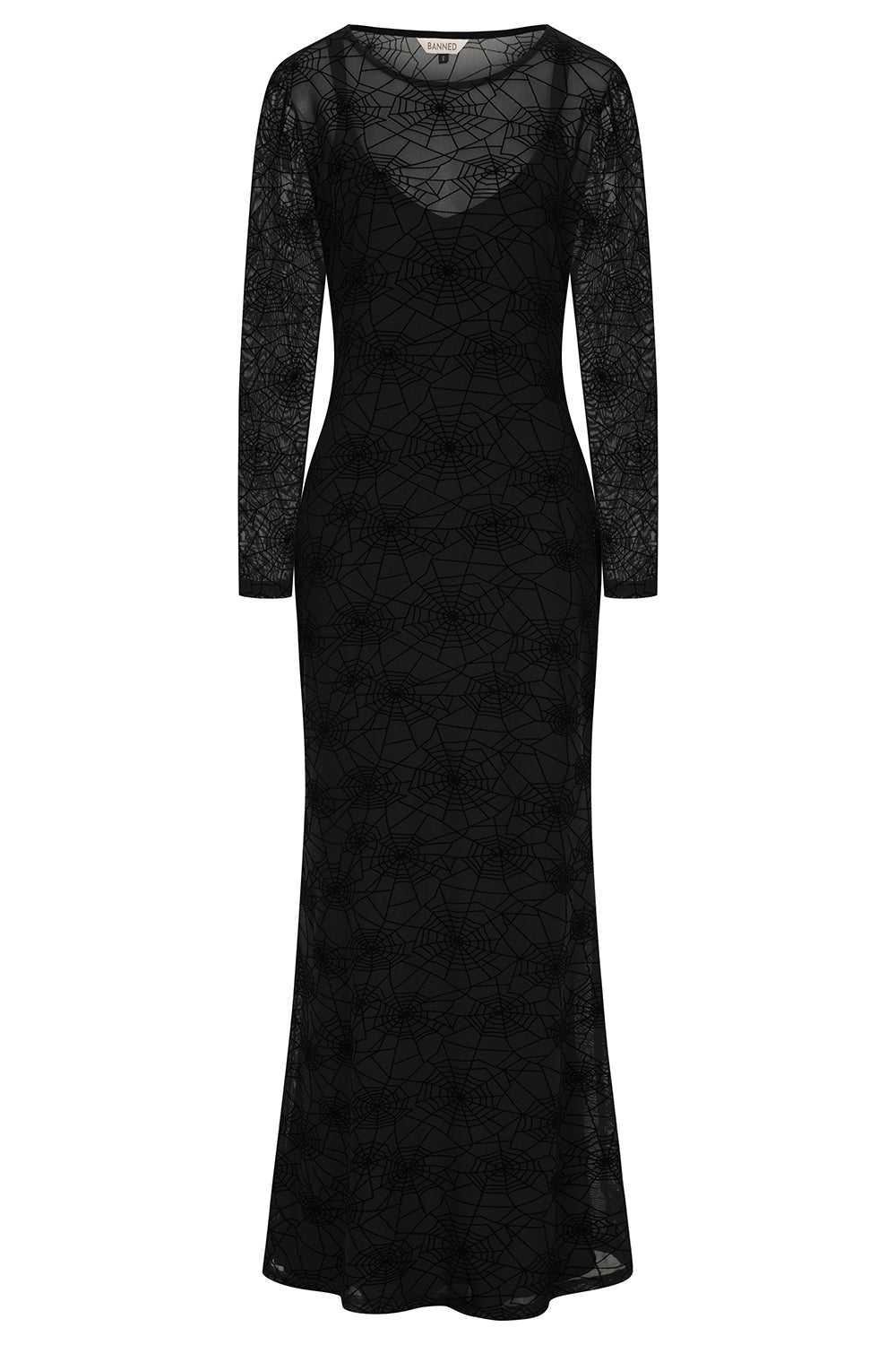 Banned Moira Gothic Spiderweb Mesh Maxi Dress with Long Sleeves - Double Layer Fitted Gown