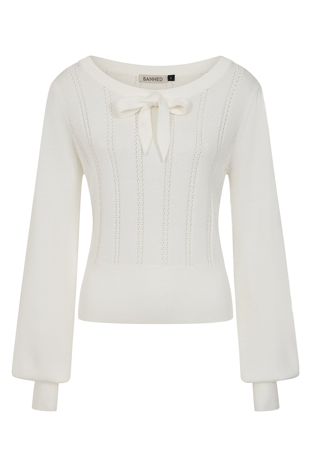 Banned Angel 40s Pointelle Knit Jumper - Crew Neck Pussy Bow Balloon Sleeve Sweater