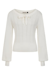 Banned Angel 40s Pointelle Knit Jumper - Crew Neck Pussy Bow Balloon Sleeve Sweater