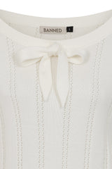 Banned Angel 40s Pointelle Knit Jumper - Crew Neck Pussy Bow Balloon Sleeve Sweater