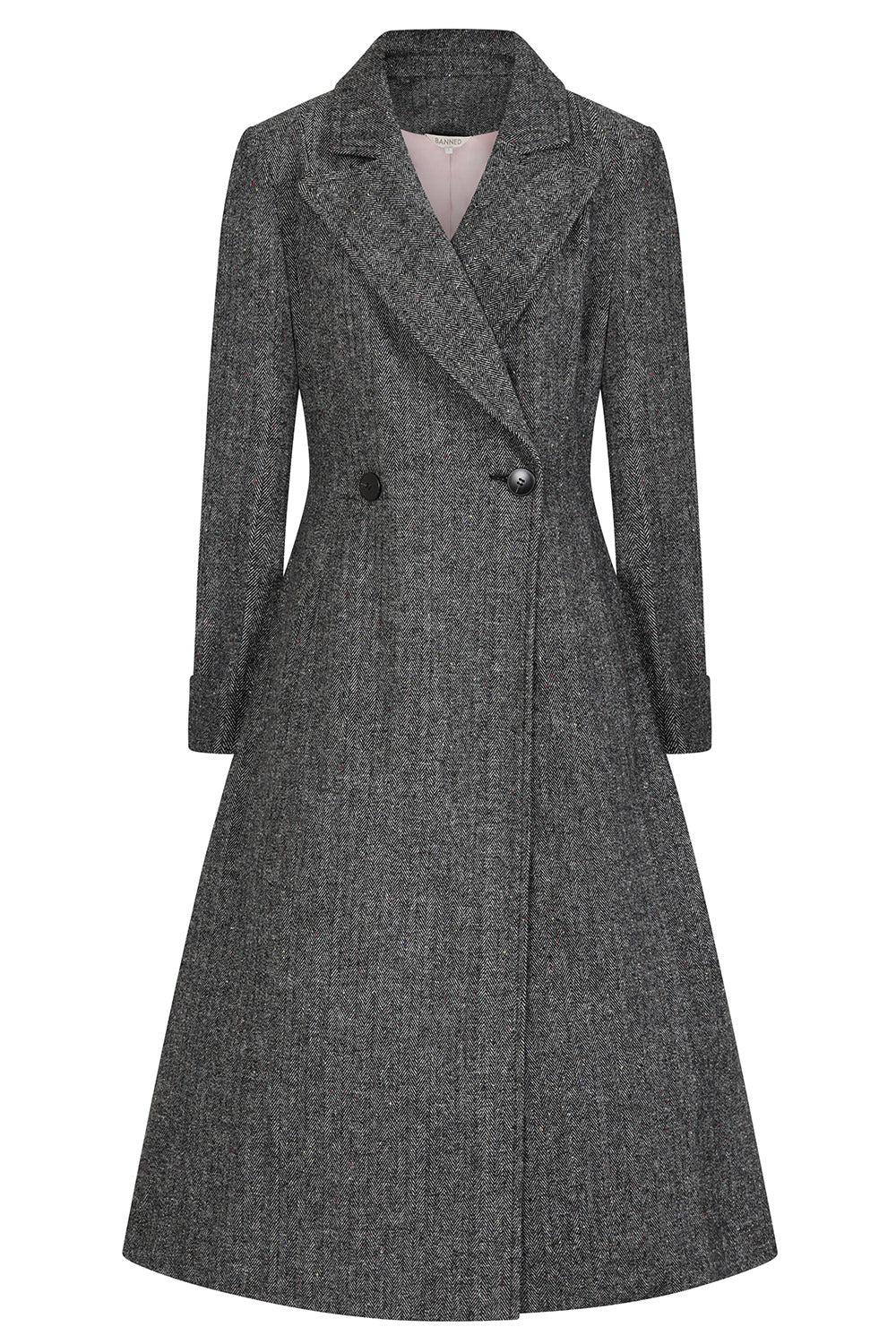 Banned Abigail Herringbone Wool Blend Coat - 40s Style Double-Breasted A-Line Coat