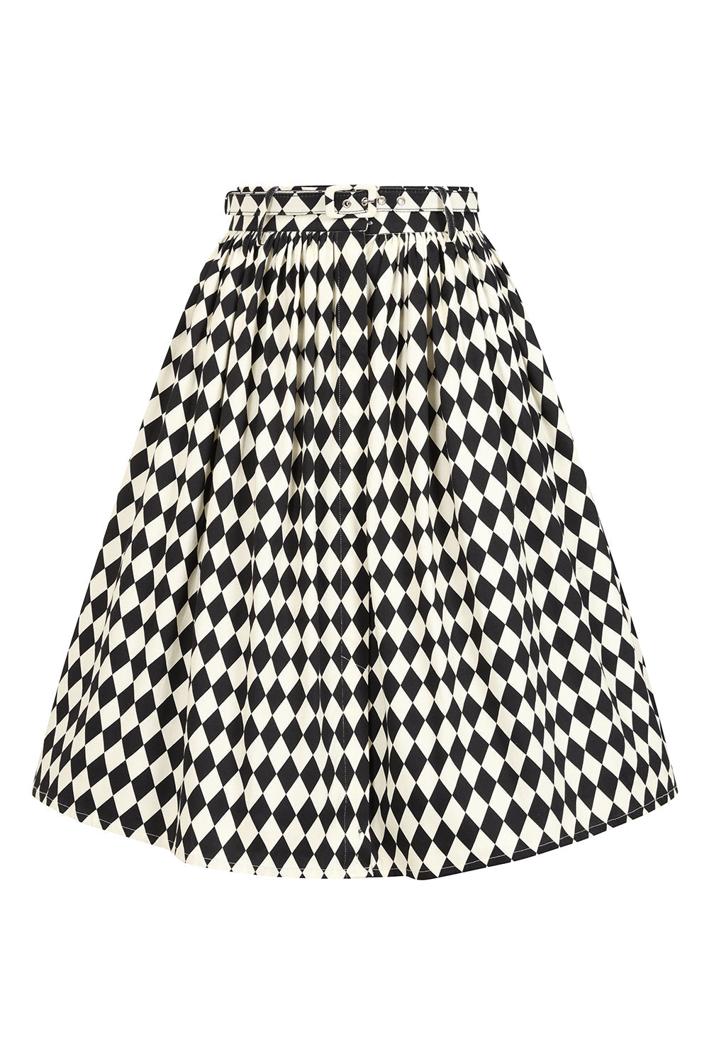 Banned Millie Harlequin Circle Skirt - Retro Style Diamond Print Swing Skirt with Belt