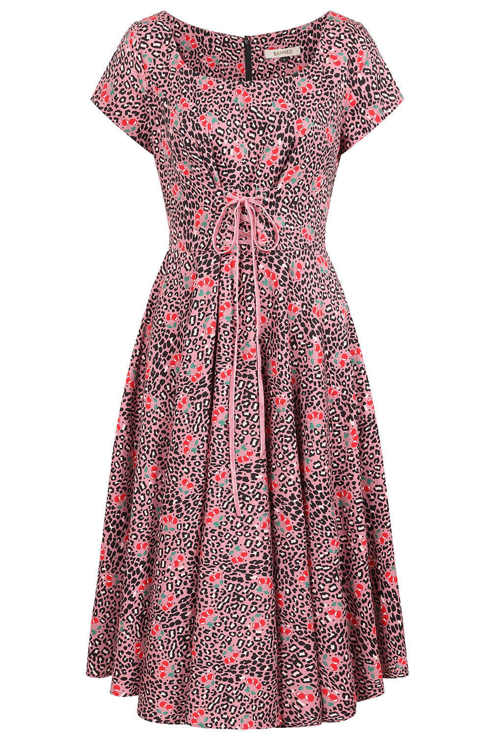 Banned Lola Cherry Leopard Swing Dress - 50s Style Animal Print Fruit Circle Dress