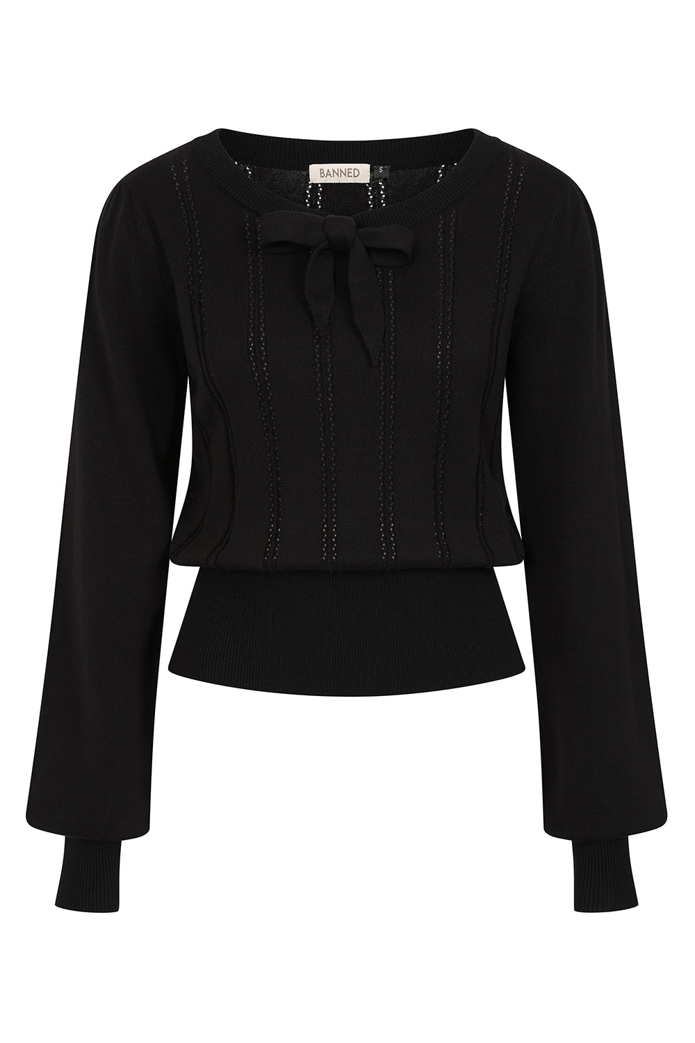 Banned Angel 40s Pointelle Knit Jumper - Crew Neck Pussy Bow Balloon Sleeve Sweater