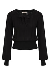 Banned Angel 40s Pointelle Knit Jumper - Crew Neck Pussy Bow Balloon Sleeve Sweater