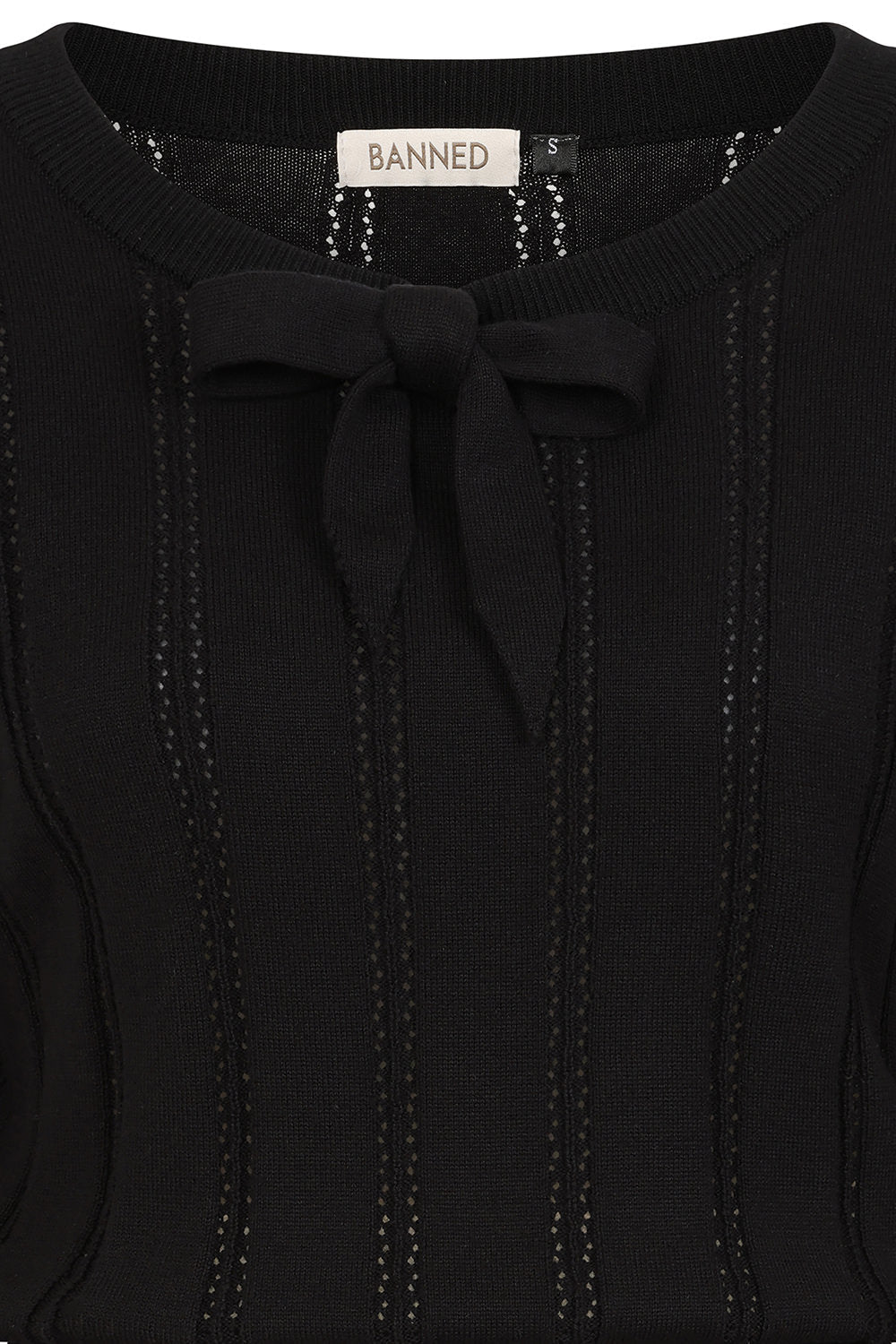 Banned Angel 40s Pointelle Knit Jumper - Crew Neck Pussy Bow Balloon Sleeve Sweater