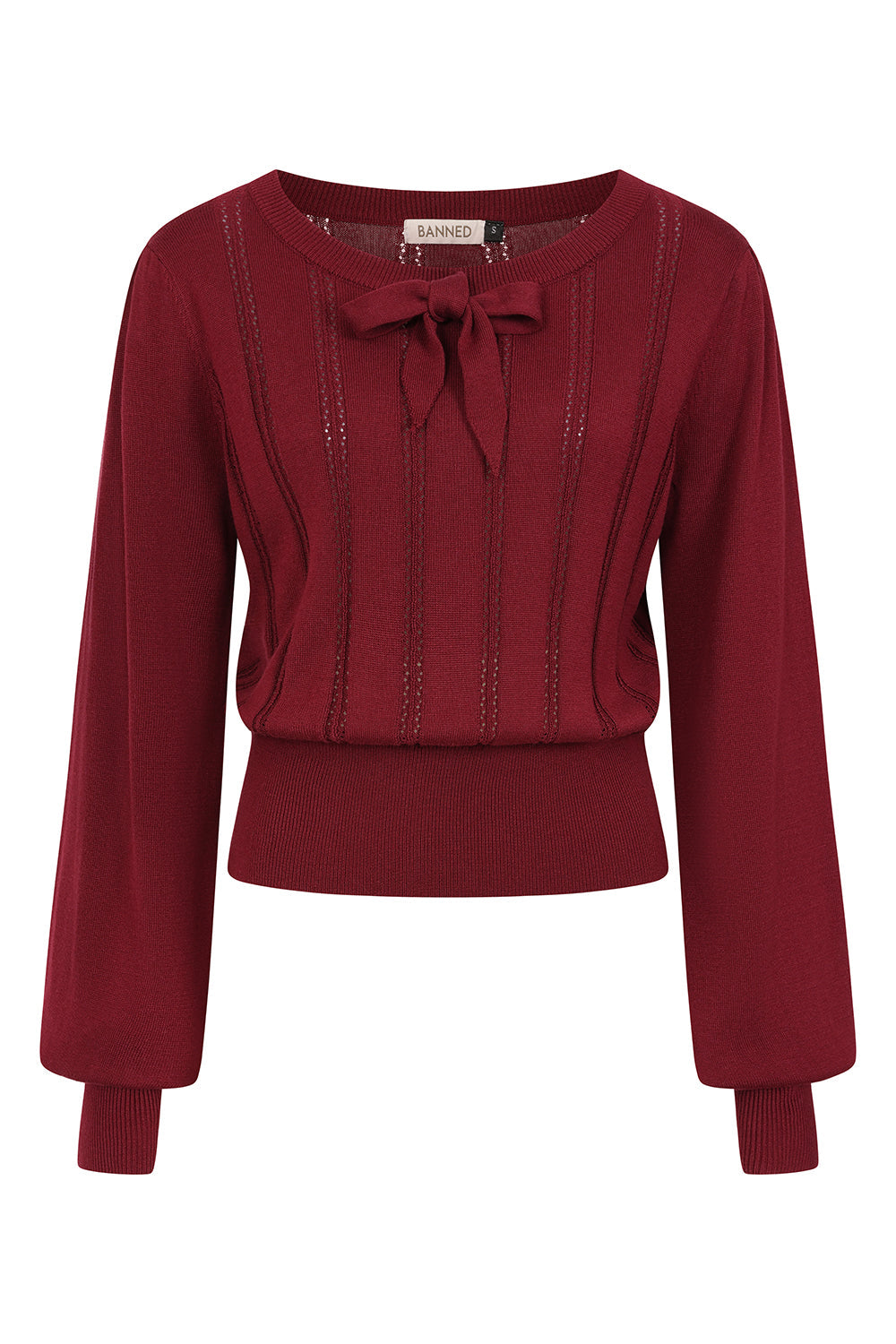 Banned Angel 40s Pointelle Knit Jumper - Crew Neck Pussy Bow Balloon Sleeve Sweater