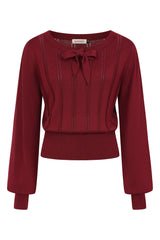 Banned Angel 40s Pointelle Knit Jumper - Crew Neck Pussy Bow Balloon Sleeve Sweater