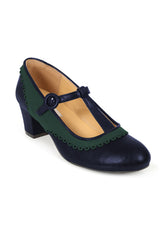 Vintage Voyager Banned Pumps - Retro-Inspired T-Strap Two-Tone Mary Janes with Distressed PU Upper