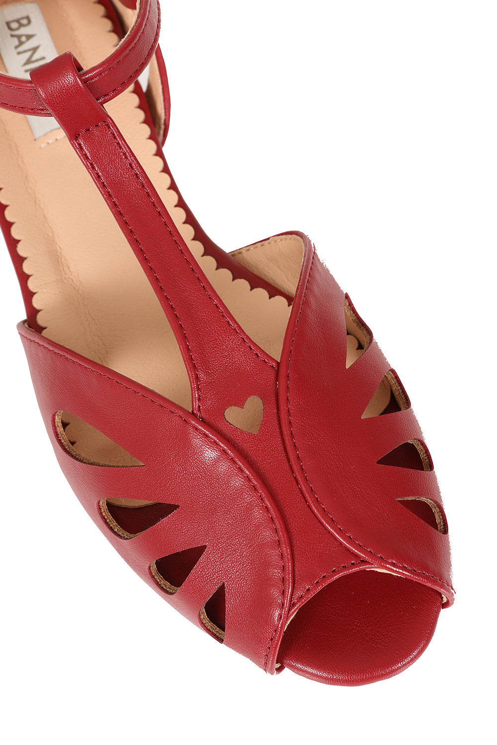 BANNED Retro Secret Love Dapper Sandals Vintage T-Bar Flats With Cut-Out Hearts In Vegan Faux Leather-Burgundy