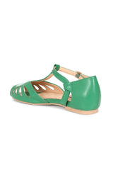 BANNED Retro Secret Love Dapper Sandals Vintage T-Bar Flats With Cut-Out Hearts In Vegan Faux Leather-Green