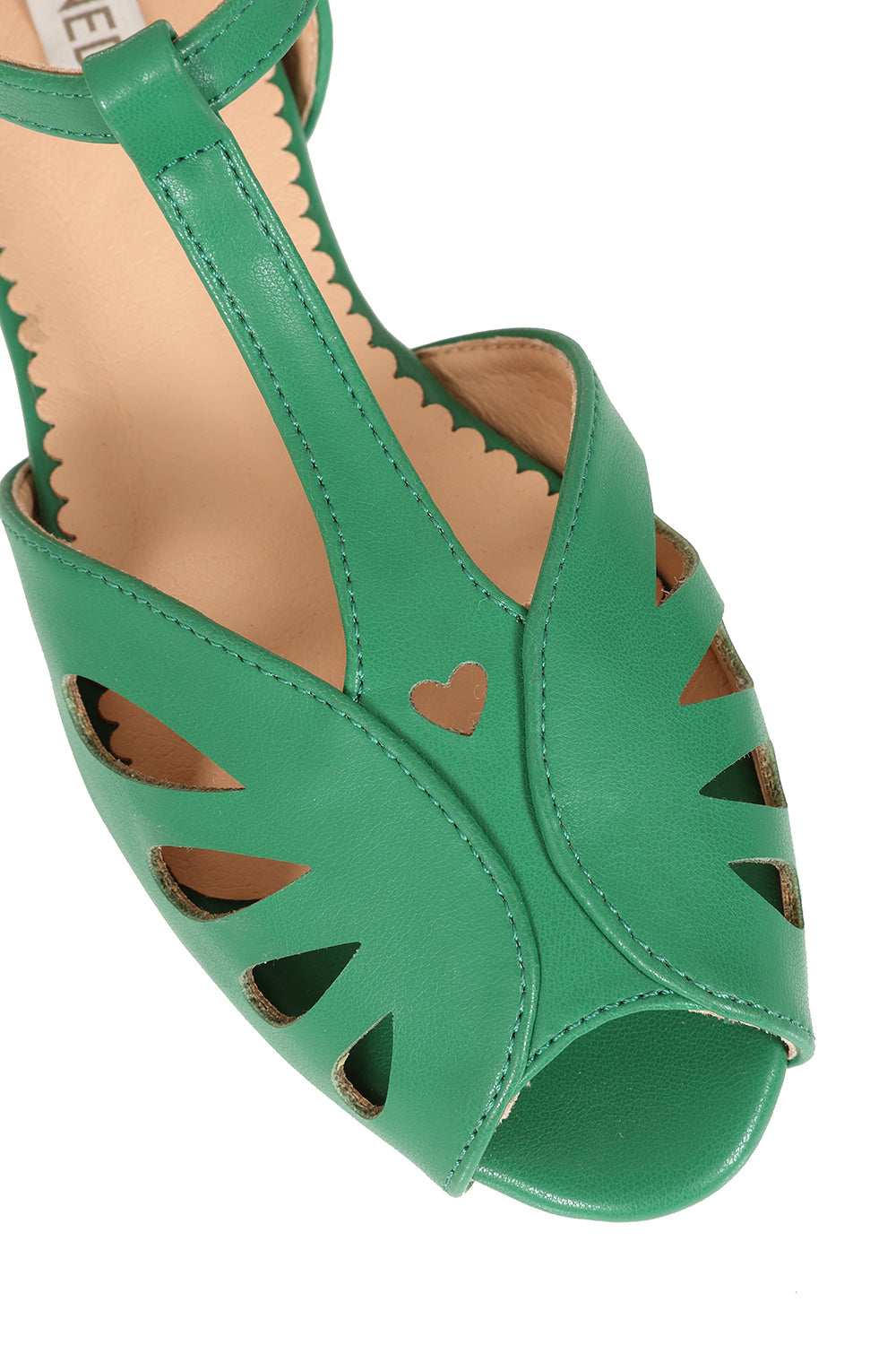 BANNED Retro Secret Love Dapper Sandals Vintage T-Bar Flats With Cut-Out Hearts In Vegan Faux Leather-Green