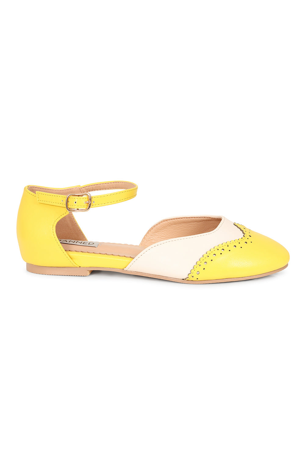 BANNED Retro Dapper Dancemates Flats Retro Two-Tone Brogue Sandals With Hidden Wedge & Ankle Strap-Yellow