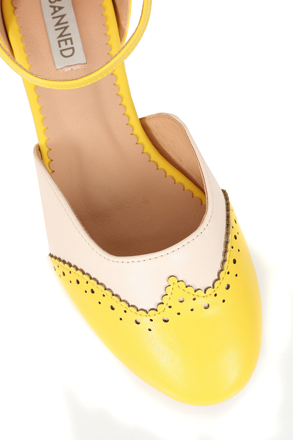 BANNED Retro Dapper Dancemates Flats Retro Two-Tone Brogue Sandals With Hidden Wedge & Ankle Strap-Yellow