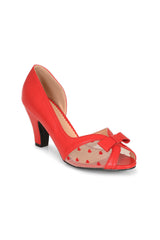 BANNED RETRO Love From Kelly Lee Peep Toe Heels With Heart Mesh And Bow Detail-Red