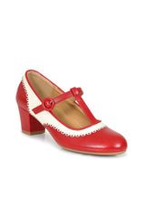 Vintage Voyager Banned Pumps - Retro-Inspired T-Strap Two-Tone Mary Janes With Distressed PU Upper-Red/White