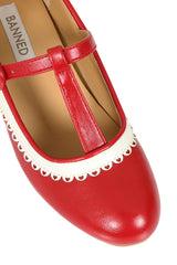 Vintage Voyager Banned Pumps - Retro-Inspired T-Strap Two-Tone Mary Janes With Distressed PU Upper-Red/White