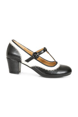 Vintage Voyager Banned Pumps - Retro-Inspired T-Strap Two-Tone Mary Janes With Distressed PU Upper-Black/White
