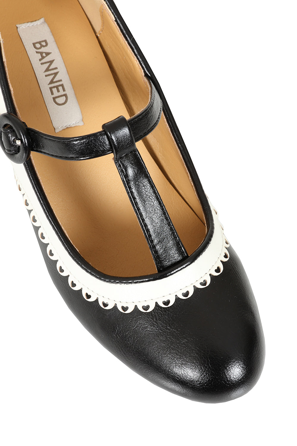 Vintage Voyager Banned Pumps - Retro-Inspired T-Strap Two-Tone Mary Janes With Distressed PU Upper-Black/White