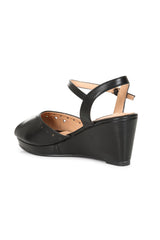 BANNED RETRO Sunny Daze Wedge 1940s-Inspired Cut-Out Peep Toe Sandals With Ankle Strap-Black