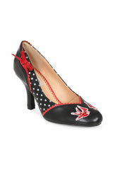 BANNED RETRO Viva Las Vegas Pumps Embroidered Rockabilly Heels With Swallow & Dice Detail-Black