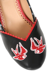 BANNED RETRO Viva Las Vegas Pumps Embroidered Rockabilly Heels With Swallow & Dice Detail-Black