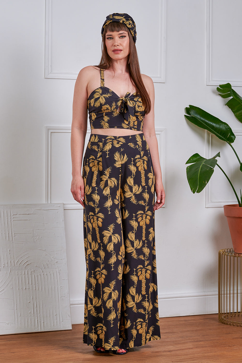 Banned Retro 40s Elizabeth Palazzo Golden Hour Palm Trousers-Black