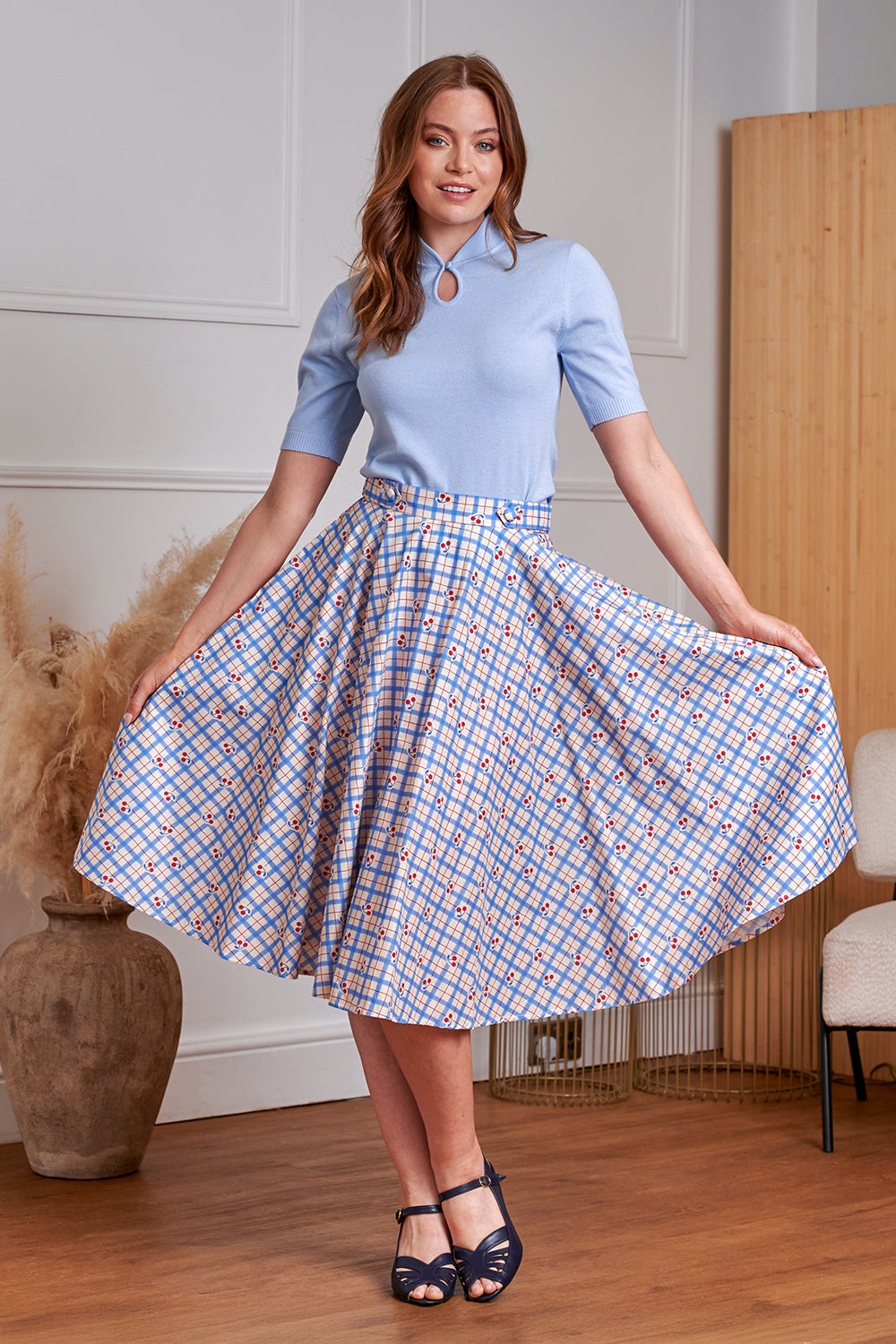 1950's Banned Retro Annie Cherry Check Skirt-Blue