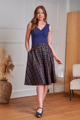 BANNED RETRO BOOK CLUB PLAID Swing Skirt With Button And Flap Details.-Navy