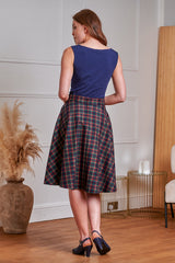 BANNED RETRO BOOK CLUB PLAID Swing Skirt With Button And Flap Details.-Navy
