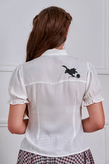 Banned Retro Adorable Cat Embroidered Puff-Sleeve Blouse-White