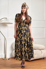 Banned Retro 40s Carol Golden Hour Wrap Midi Dress-Black