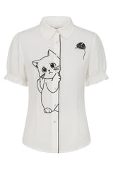 Banned Retro Adorable Cat Embroidered Puff-Sleeve Blouse-White