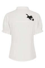 Banned Retro Adorable Cat Embroidered Puff-Sleeve Blouse-White