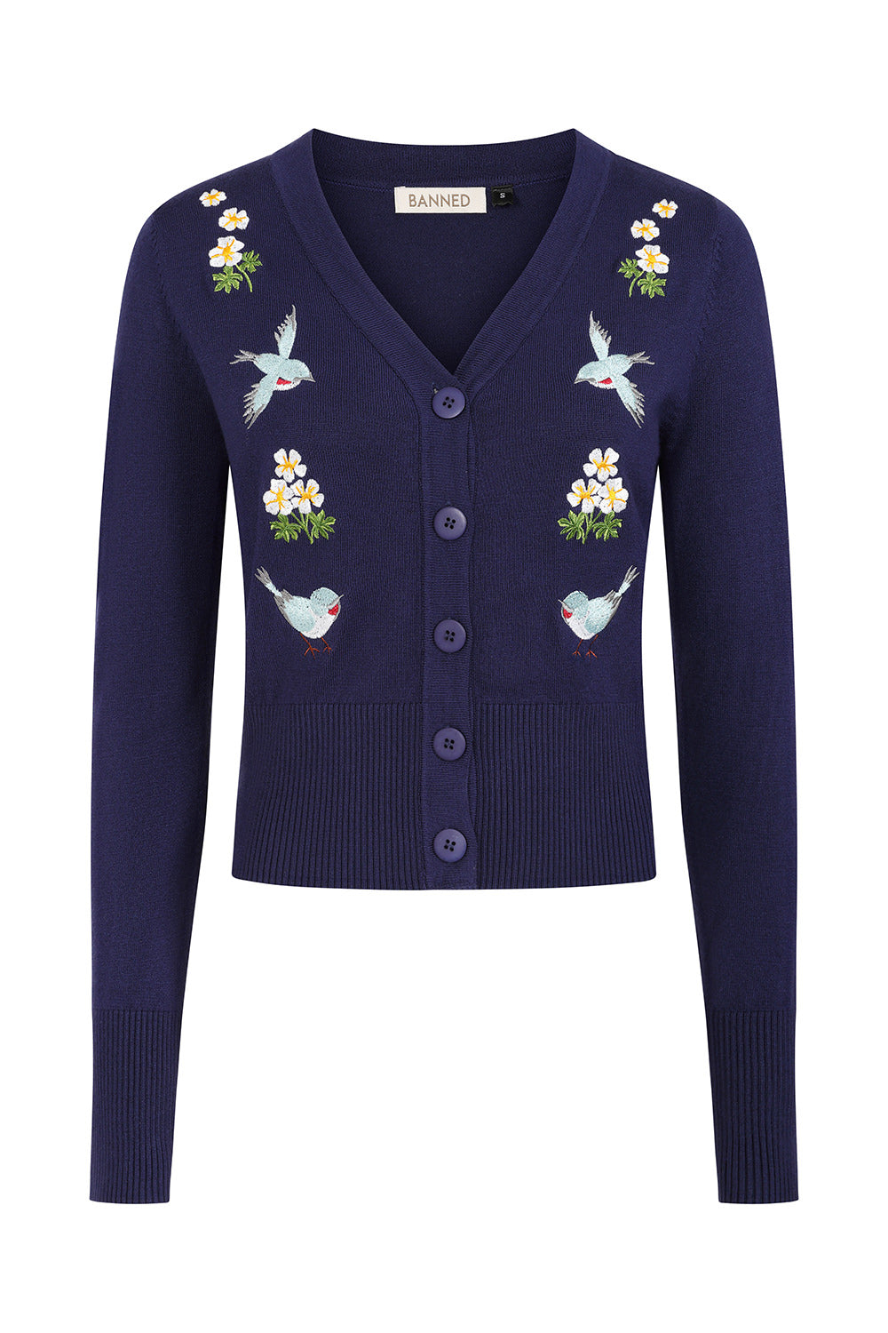 Banned Retro 50s Nara Birds And Flowers Cardigan-Navy