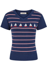 Banned Rockabilly Marine Molly Knitted Jumper-Navy/Red