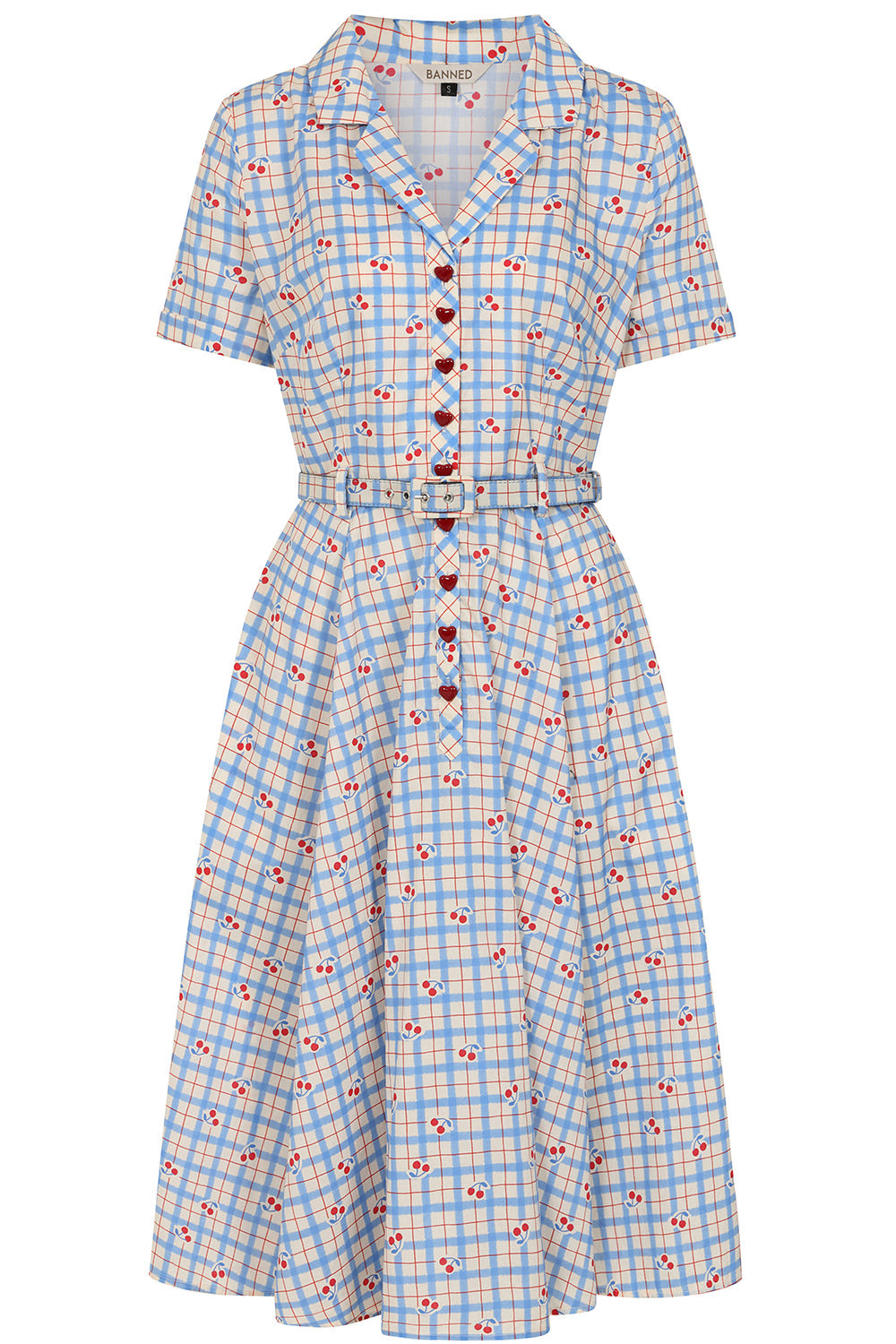 Banned Retro 50s Bella Cherry Check Swing Full Circle Dress-Blue